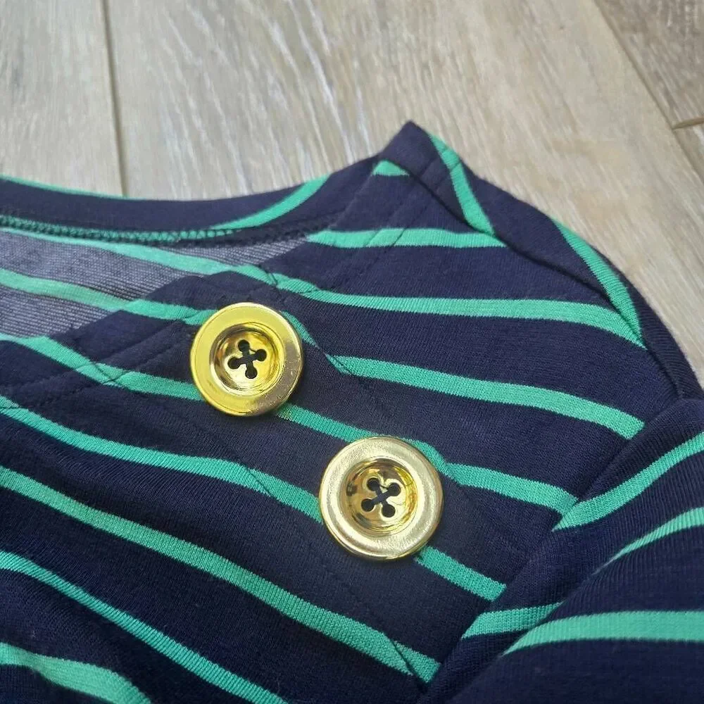 Sail To Sable striped green and navy blue midi dress gold toned buttons xs xsmal